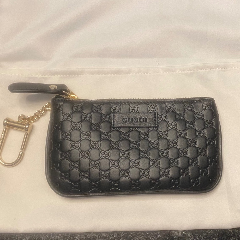 Gucci Black Embossed Leather Key & Card Holder with Gold Hardware